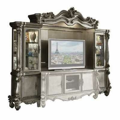 21&quot; X 118&quot; X 95&quot; Antique Platinum Wood Poly Resin Glass Entertainment Center