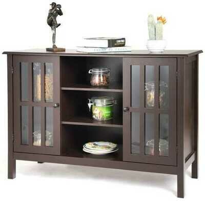 Brown Wood Sofa Tale Console Cabinet with Tempered Glass Panel Doors