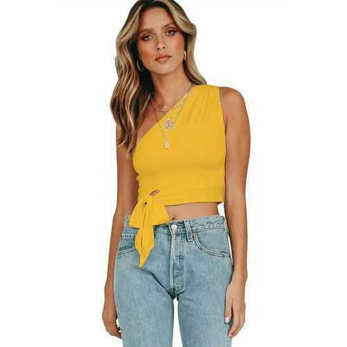 Sexy One Shoulder Sleeveless Yellow Tank Bowknot Woman Crop Top