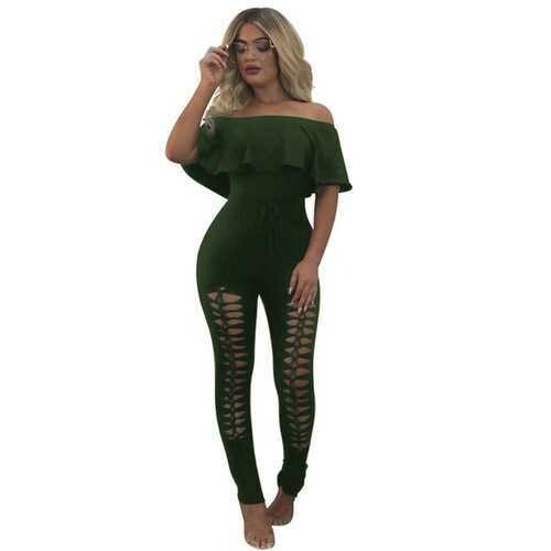 2017 Fashion Women Summer Strapless Ruffles Off-Shoulder With Holes Jumpsuits Without Belt Army Green
