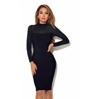 Women Long Sleeve Transparent Sleeve Bodycon Dress Black