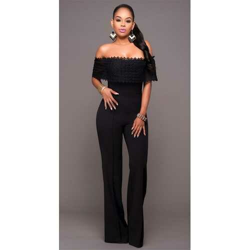 Women&#39;s Sexy Off Shoulder High Waist Wide Leg Jumpsuits Rompers Pants Black