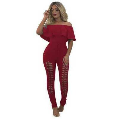 2017 Fashion Women Summer Strapless Ruffles Off-Shoulder With Holes Jumpsuits Without Belt Red