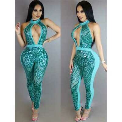 2017 Summer Women Sleeveless and Backless Halterneck V-neck Rompers Sequins Close-Fitting Jumpsuits Light Blue