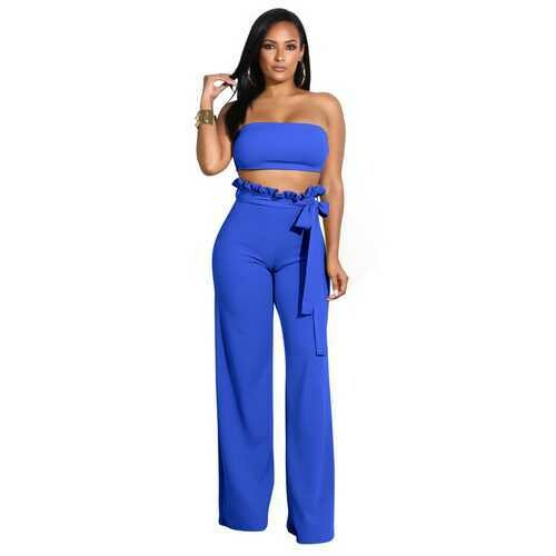 Top Wrapped Women Sexy Expose Navel Two Pieces Suit Blue