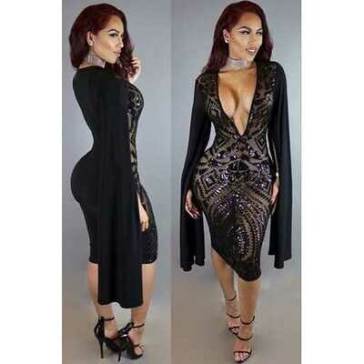 Seductive Women V-neck Sequins Patchwork Long Slit Batwing Sleeves Bodycon Dress