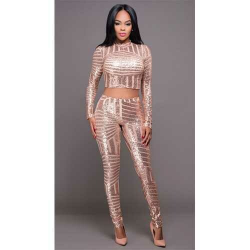 Women 2 Pieces Crops Sequin Bodycon Clubwear Party Pants Jumpsuit Set Gold