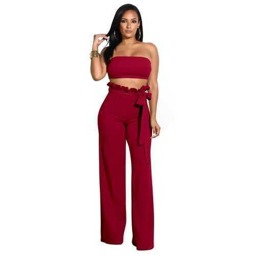 Top Wrapped Women Sexy Expose Navel Two Pieces Suit Wine Red