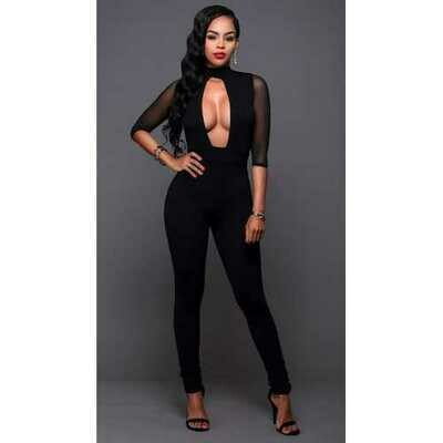 Women Turtleneck Hole Busty Long  Sleeve Club Jumpsuit