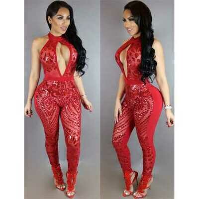 Summer Women Sleeveless and Backless Halterneck V-Neck Rompers Sequins Close-Fitting Jumpsuits Red