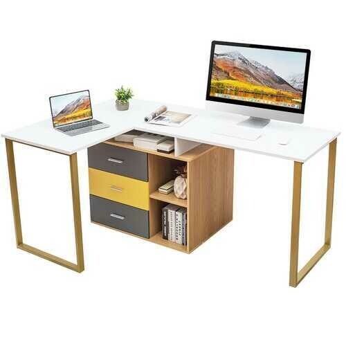 87 Inch 2 Person Adjustable L-Shaped Computer Desk