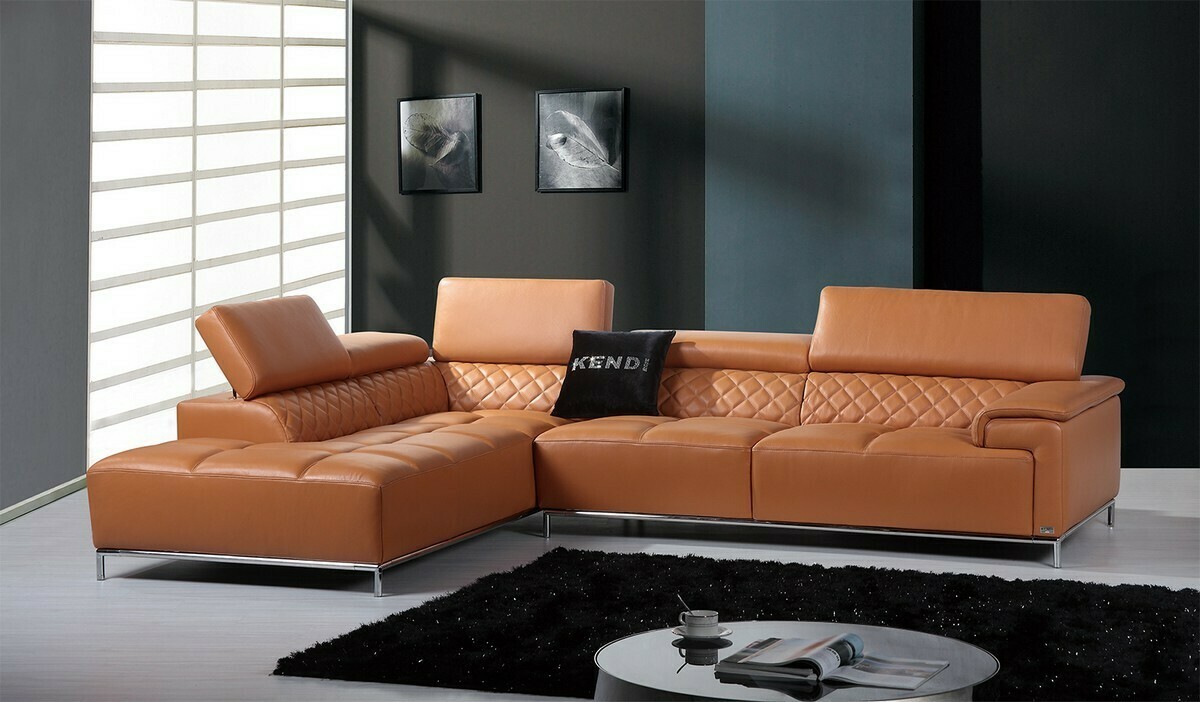 36&quot; Orange Leather Foam Metal and Wood Sectional Sofa