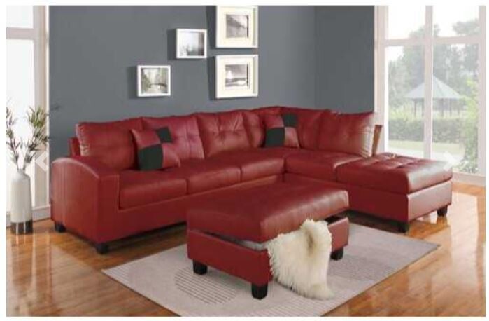 78&quot; X 33&quot; X 34&quot; Red Bonded Leather Reversible Sectional Sofa With 2 Pillows
