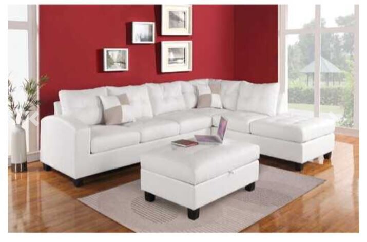 78&quot; X 33&quot; X 34&quot; White Bonded Leather Reversible Sectional Sofa With 2 Pillows