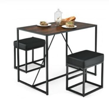 3 Pcs Dining Set Metal Frame Kitchen Table and 2 Stools-Brown