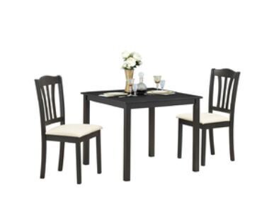 3 Pieces Dining Set Square Table with 2 Padded Wooden Chairs