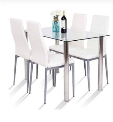 ​5 Piece Silver White Tempered Glass Top Dining Table Set with Chairs