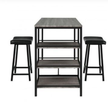 3 Pcs Counter Height Dining Bar Table Set with 2 Stools and 3 Storage Shelves-Black - Color: Gray