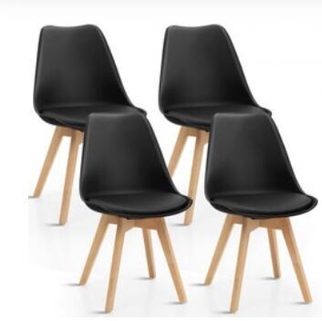 Set of 4 Dining Chair Mid Century Modern Shell PU Seat with Wooden Leg-Black - Color: Black