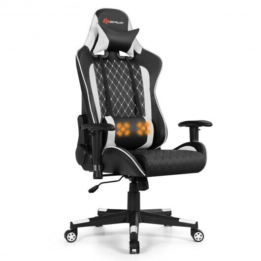 Massage Gaming Chair with Lumbar Support and Headrest-White - Color: White