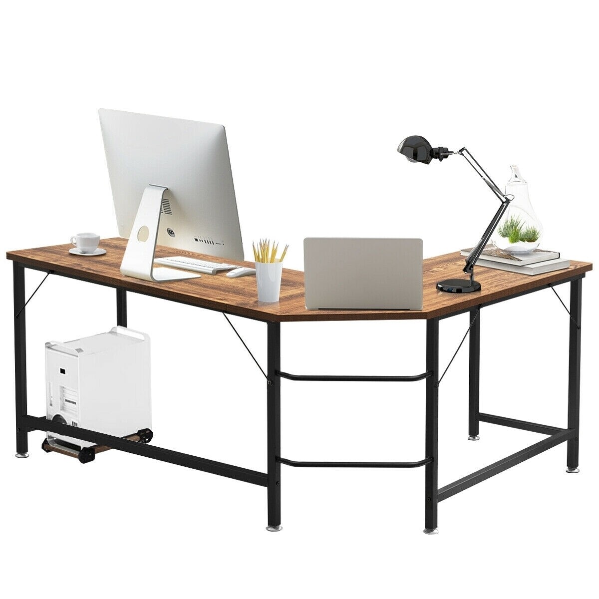 L Shaped Corner Computer Desk Laptop Gaming Table Workstation-Coffee - Color: Coffee