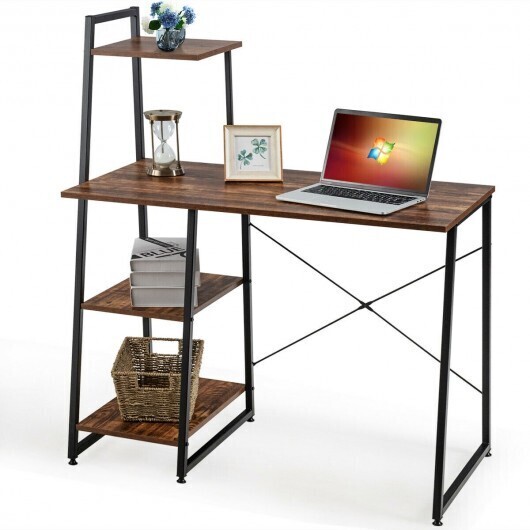 Compact Computer Desk Workstation with 4 Tier Shelves for Home and Office-Brown - Color: Brown