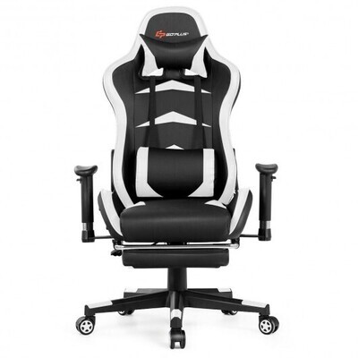 Massage Gaming Chair with Footrest-White - Color: White