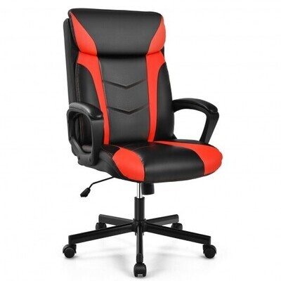 Swivel PU Leather Office Gaming Chair with Padded Armrest-Red - Color: Red