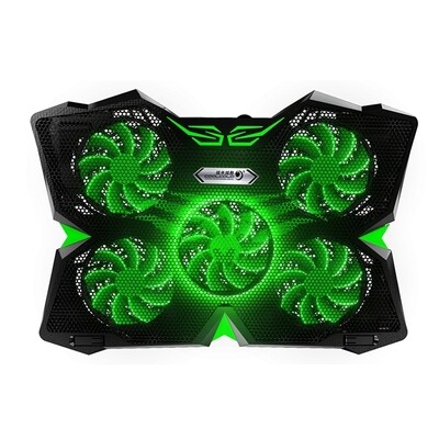 5 Fans Gaming Laptop Cooling Pad for 12&quot;-17&quot; Laptops with LED Lights Dual USB Ports Adjustable Height at 1400 RPM green