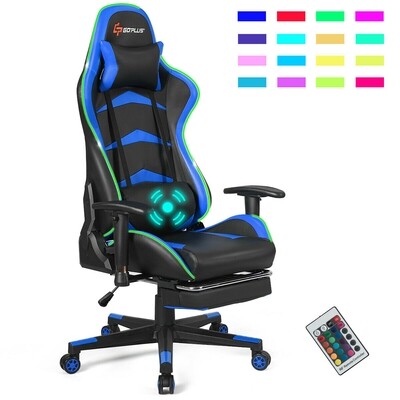 Massage LED Gaming Chair with Lumbar Support and Footrest-Blue - Color: Blue - Size: 28.5&quot; x 28.5&quot; x (50&quot; - 54&quot;)