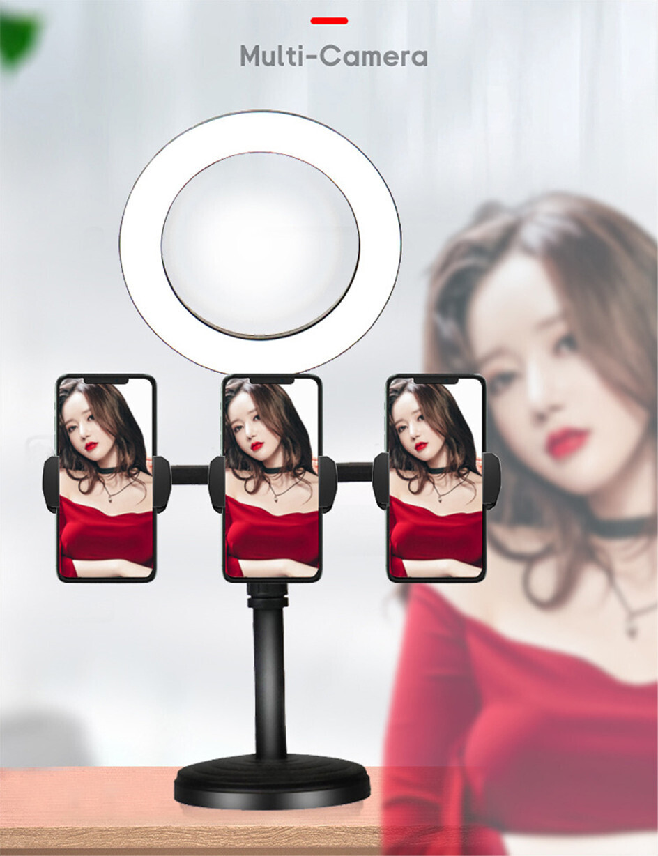 Color: Black, style: B - Live Streaming Phone Holder with Dimmable LED Ring Fill Light and 3 Phone Clips Hot Youtuber&#39;s Video Live Desk Liftable Stand