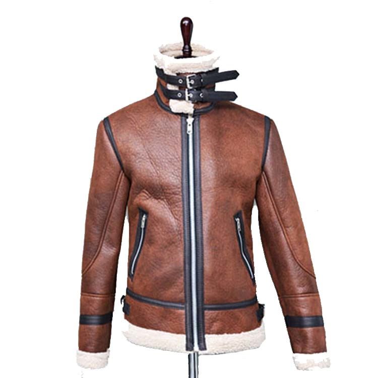 Color: Brown, Size: L - Men&#39;s Jacket Winter Highneck Warm Fur Liner Lapel Leather Zipper