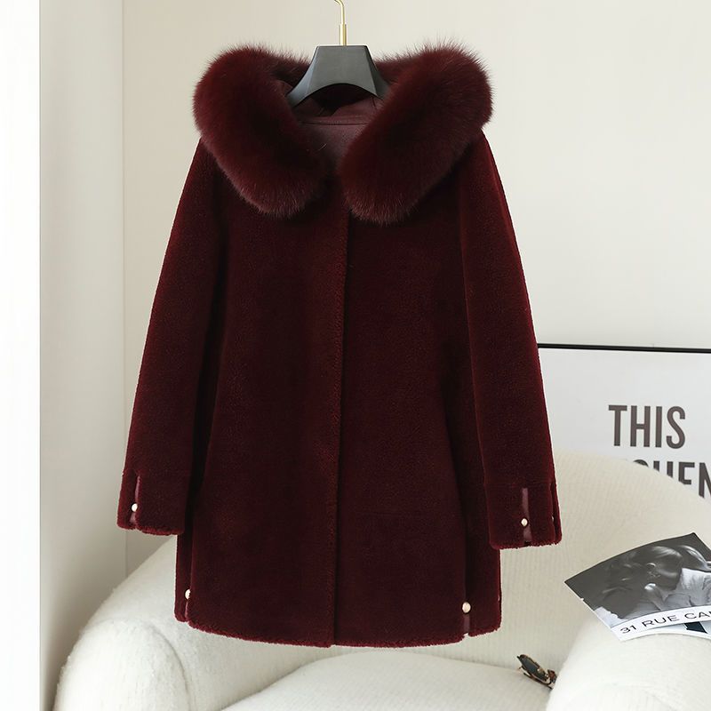 Color: Claret, Size: M - Women&#39;s Fox Fur Collar Hooded Sheep Shearling Coat