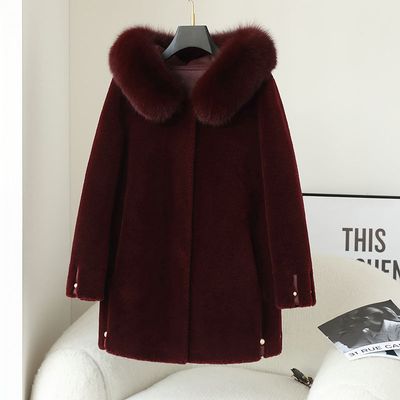 Color: Claret, Size: M - Women&#39;s Fox Fur Collar Hooded Sheep Shearling Coat