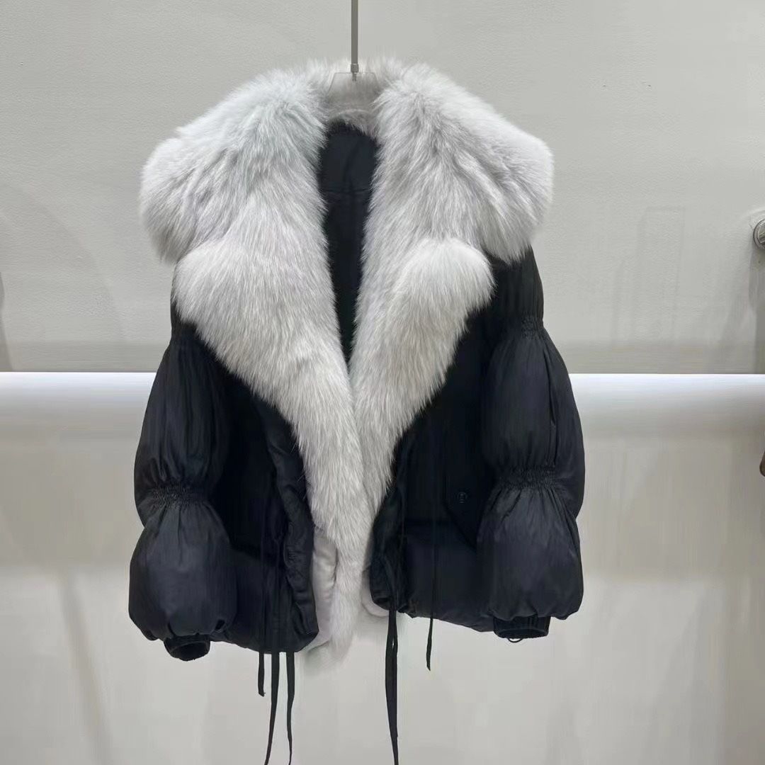 Short Loose Big Fur Collar White Duck Down Jacket Women&#39;s Coat