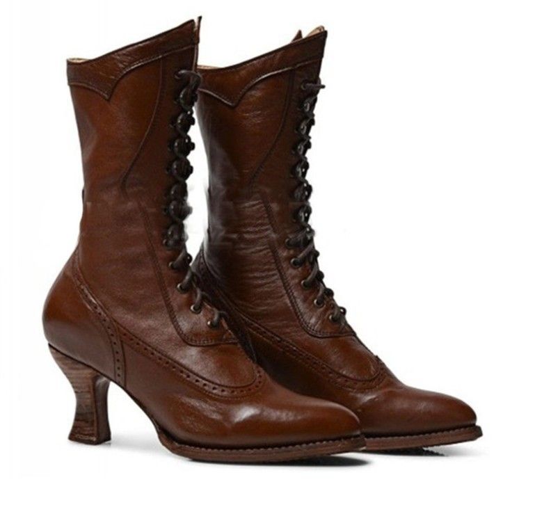 Color: Brown, Size: 36 - Pointed toe lace mid-heel women&#39;s boots