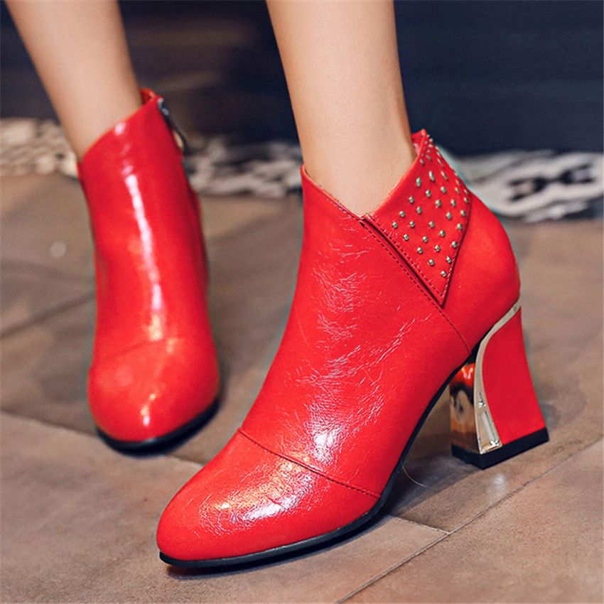 Color: Red, Size: 48 - High-heeled thick-heeled women&#39;s boots with velvet