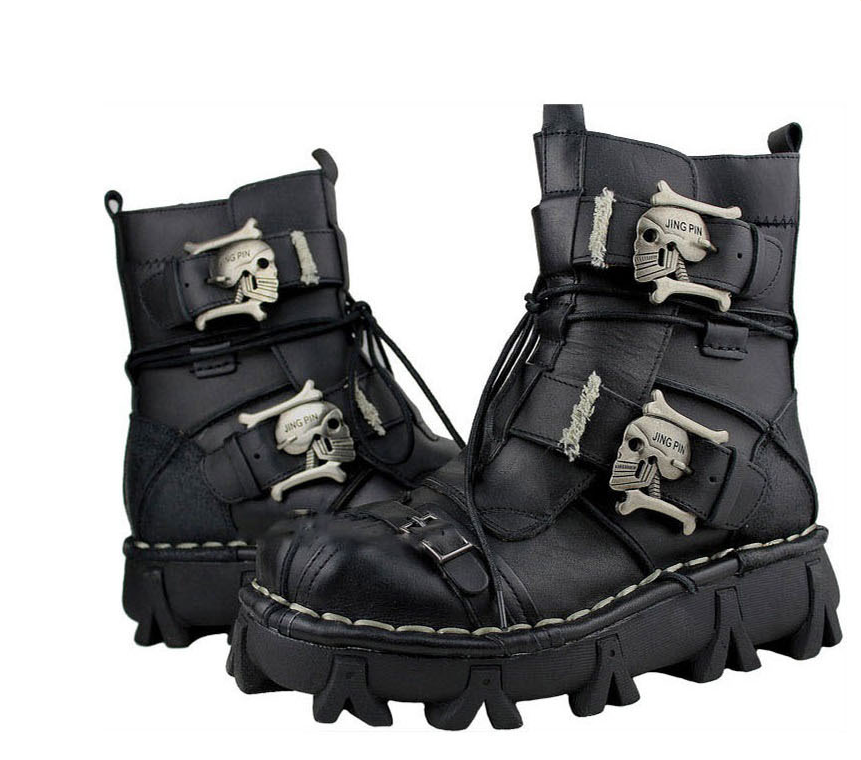 Color: Black, Size: 46 - Men&#39;s Cowhide Genuine Leather Motorcycle Boots Military Combat Boots Gothic Skull Punk Boots