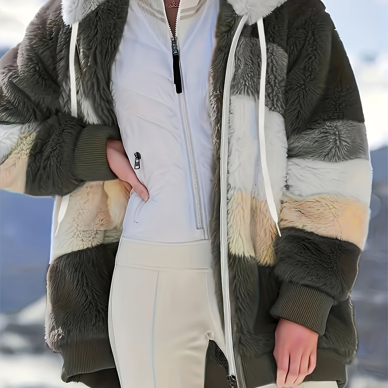 Color Block Fuzzy Hooded Coat, Casual Long Sleeve Winter Warm Outerwear, Women&#39;s Clothing