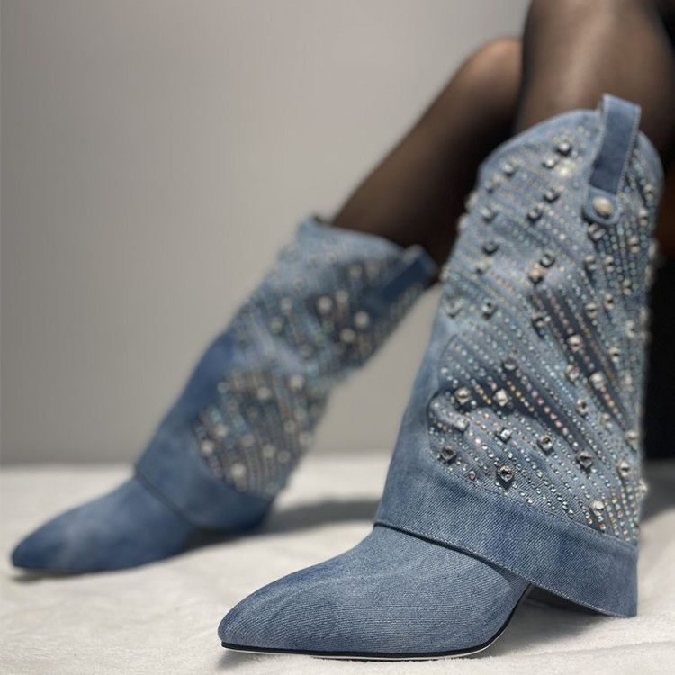 Color: Denim Blue, Size: 37 - Heavy Industry Pointed Toe Stiletto Rhinestone Women&#39;s Boots Jeans Pipe Boots