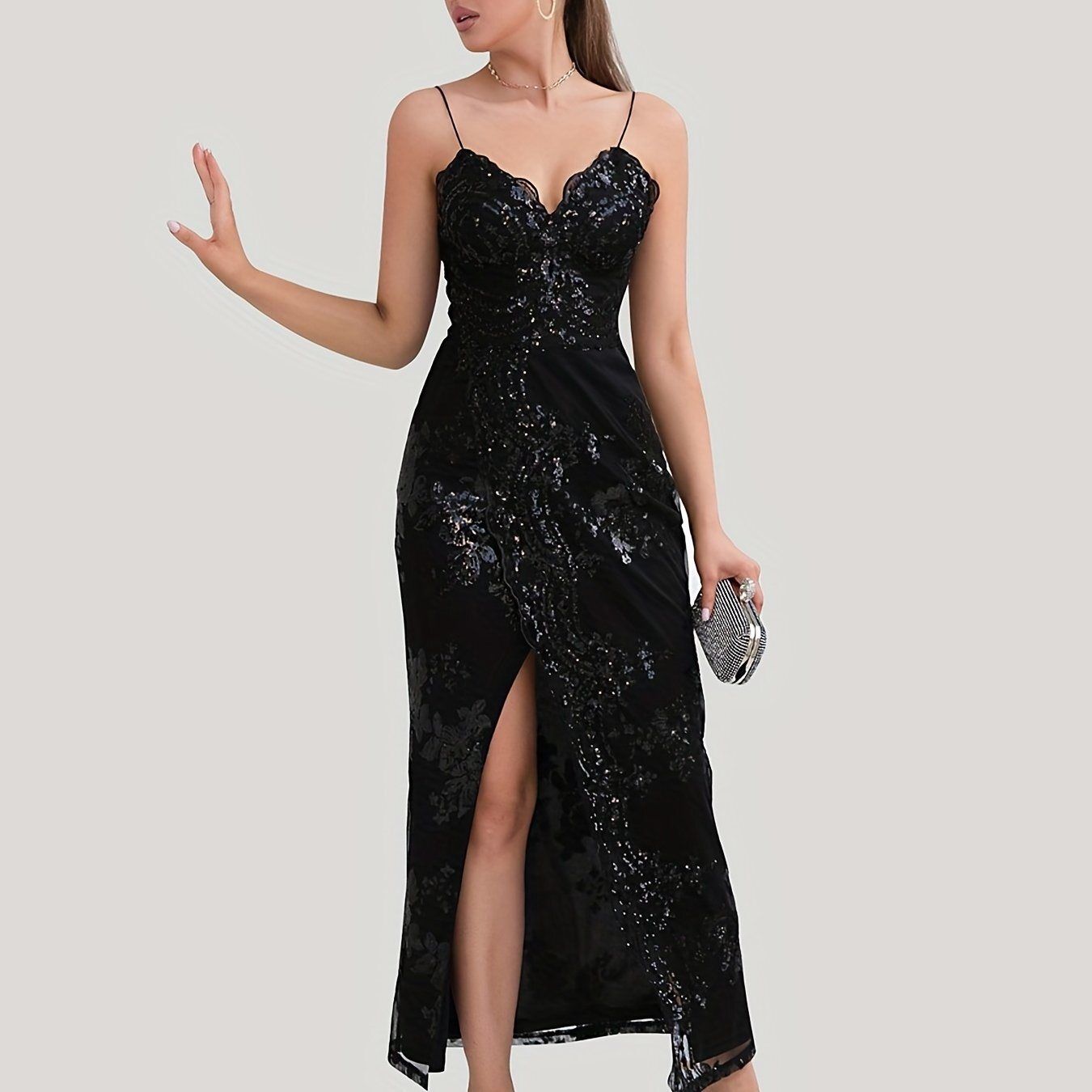 Floral Sequined Dress, Sexy Spaghetti Strap Sleeveless Party Dress, Women&#39;s Clothing