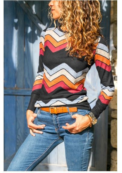 Europe and The United States Autumn and Winter Long-sleeved Round Neck Geometric Print T-shirt Shirt Women&#39;s Clothing