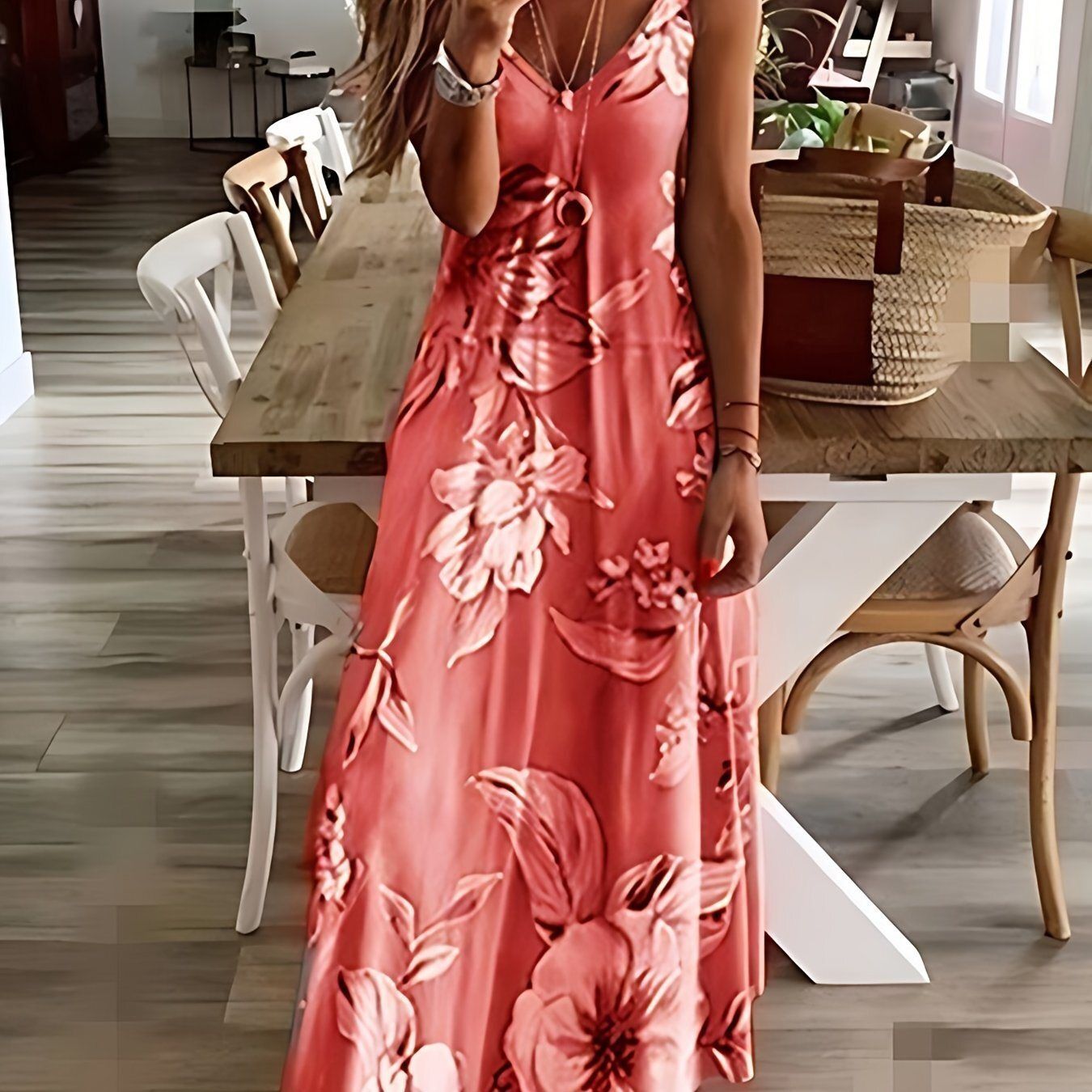 Floral Print Spaghetti Dress; Casual Crew Neck Ankle Cami Dress; Women&#39;s Clothing