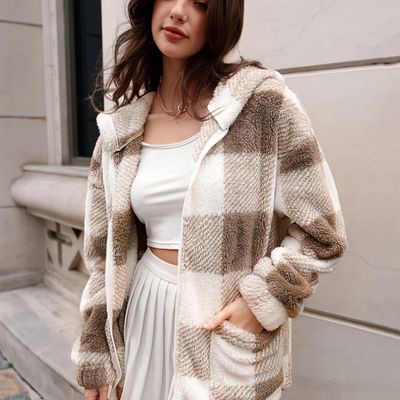 Plaid Hooded Teddy Coat, Elegant Zip Up Long Sleeve Winter Warm Outerwear, Women&#39;s Clothing