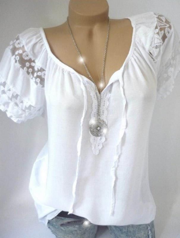 Summer Fashion Sexy V-neck Lace Short-sleeved T-shirt Women&#39;s Clothing