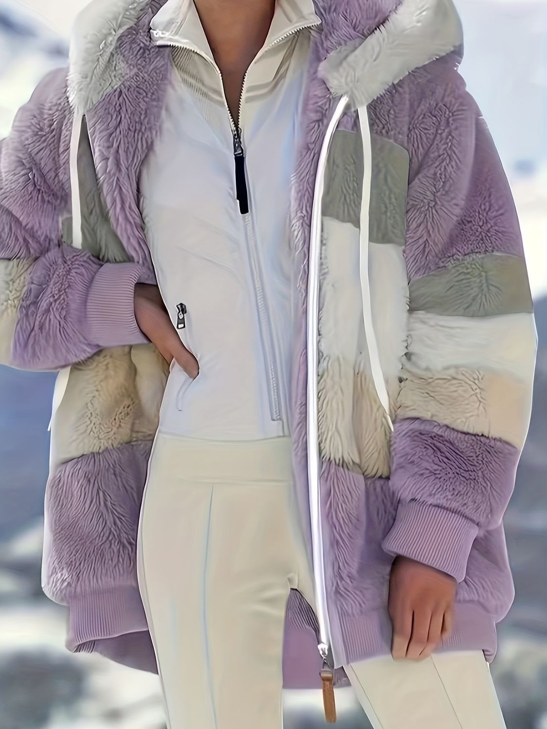 Color Block Fuzzy Fall &amp; Winter Jacket, Casual Zip Up Hooded Long Sleeve Outerwear, Women&#39;s Clothing