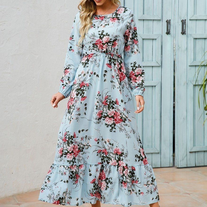 Floral Long Sleeve Maxi Dress; Long Sleeve Loose Crew Neck Dress; Casual Dresses For Spring &amp; Summer; Women&#39;s Clothing