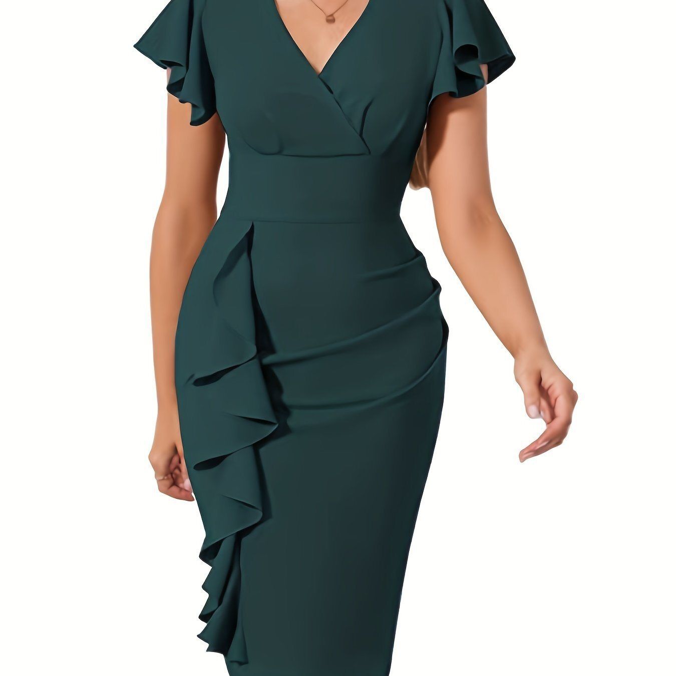 Ruffle Hem Bodycon Dress, Elegant V-neck Flutter Sleeve Dress, Women&#39;s Clothing