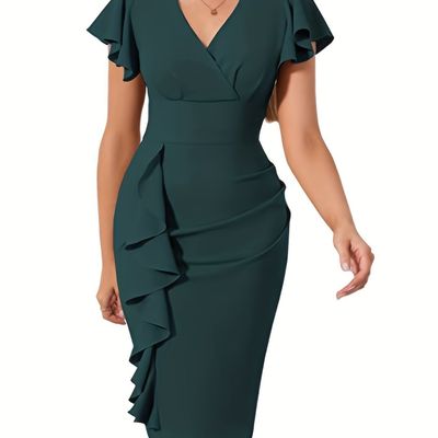 Ruffle Hem Bodycon Dress, Elegant V-neck Flutter Sleeve Dress, Women&#39;s Clothing