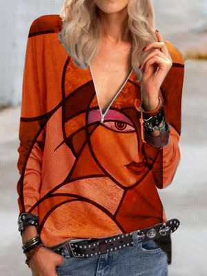 Spring, Autumn and Winter New Printed Long-sleeved Zipper V-neck Printed T-shirt Women&#39;s Clothing